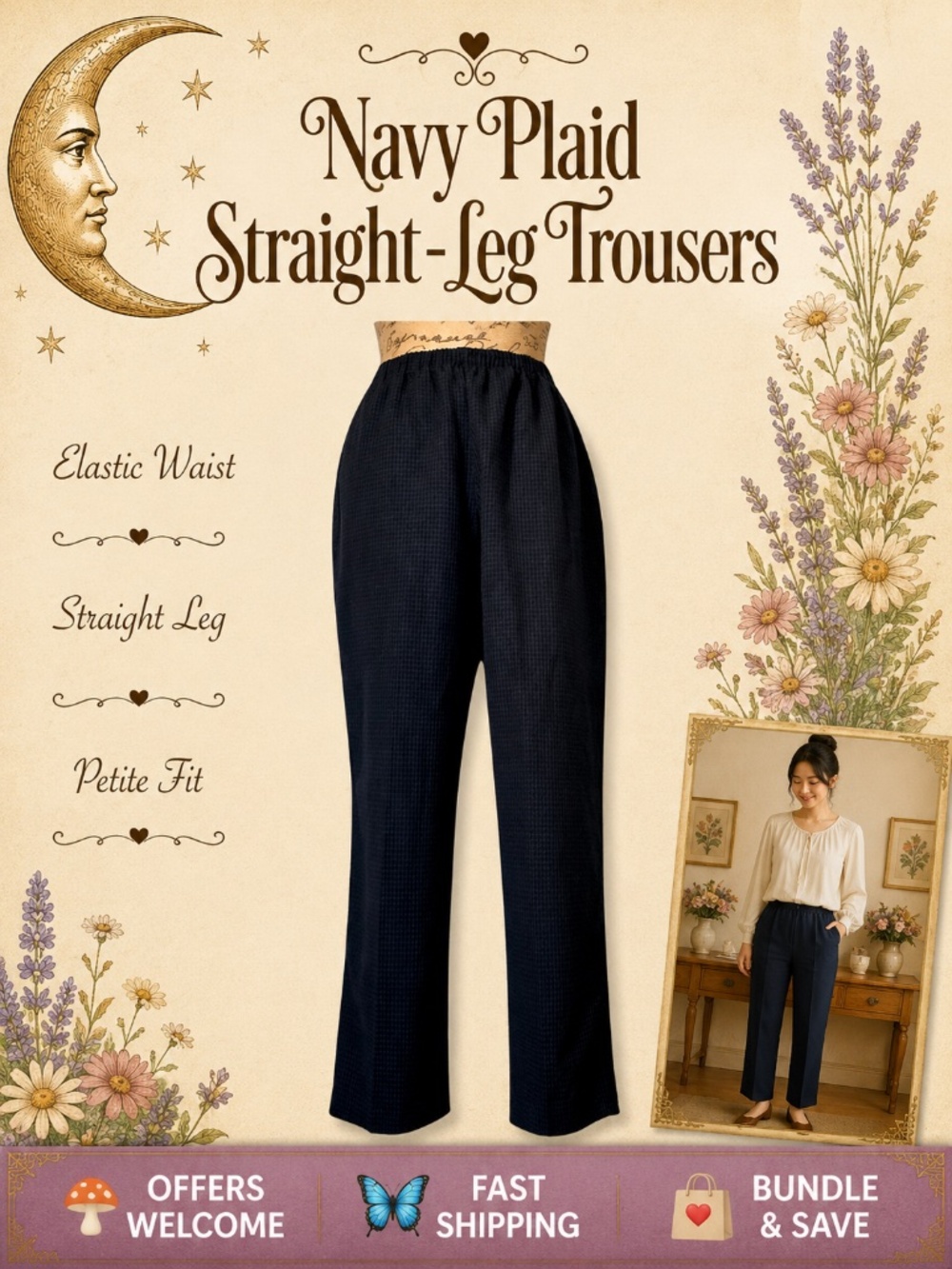 Samantha Sportswear Navy Plaid Trousers Pull‑On Straight Leg 12P
